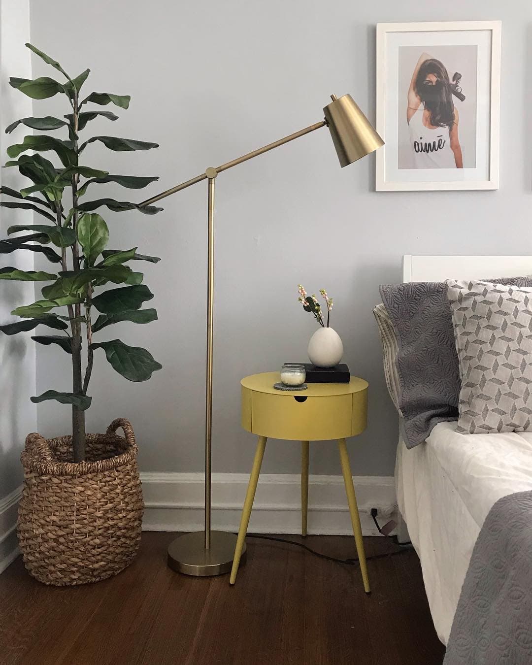 this is a mid century modern bedroom with light grey