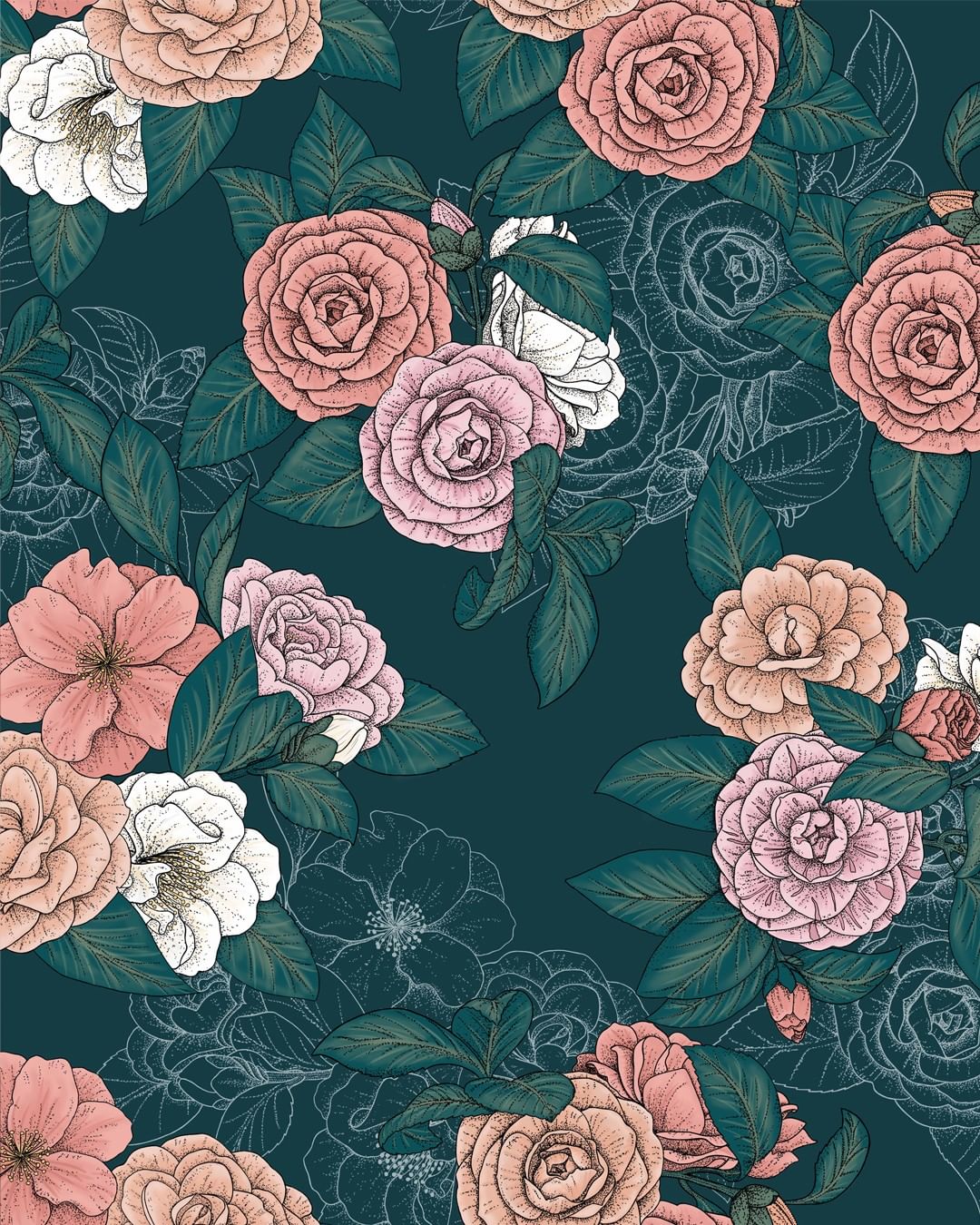 this is the floral print designed by bobbi beck with roses and dark green leaves